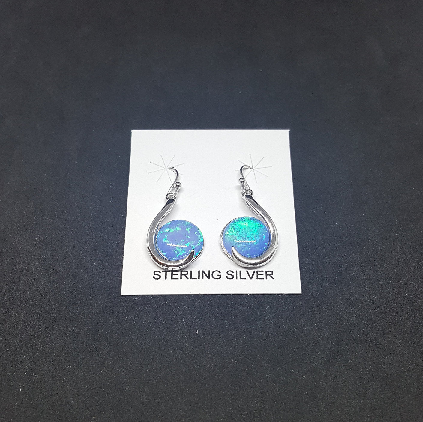Hook A Moon Blue fire Opal Sterling silver round shape dangle/drop earrings