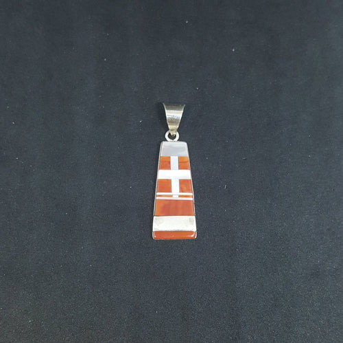 Cross and double striped design Spiny oyster Mother of Pearl Sterling silver trapezoid pendant