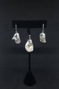 Natural Mother of Pearl Sterling silver Sparrow native bird pendant and dangle earrings