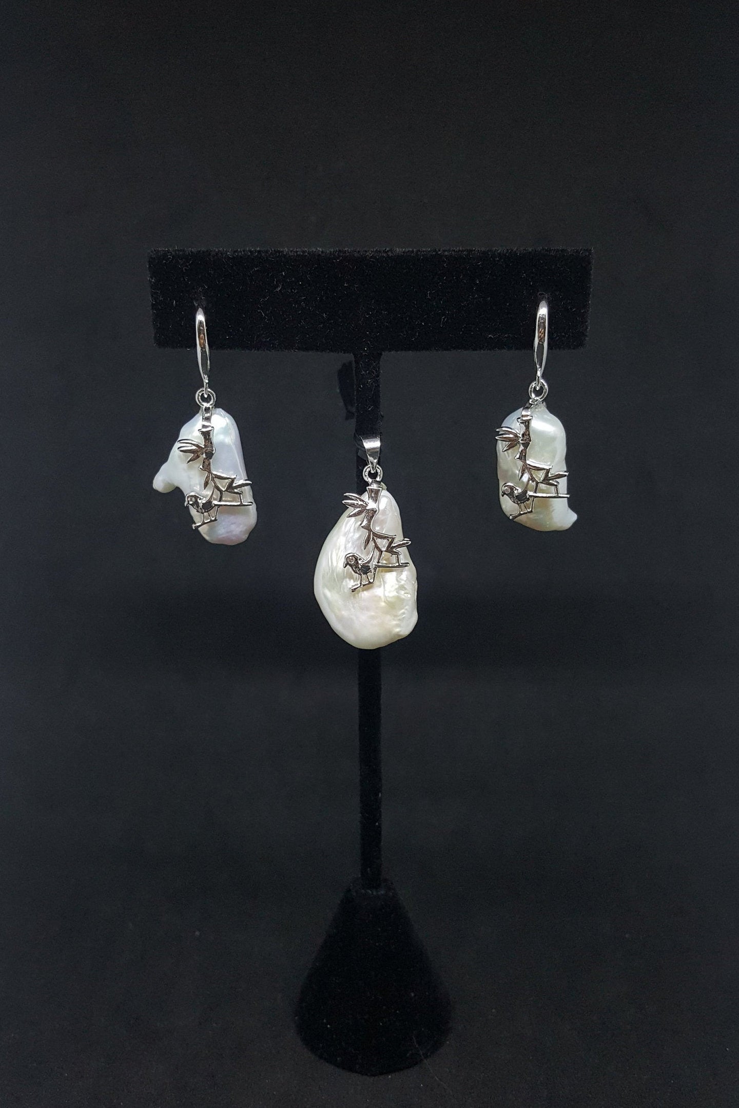 Natural Mother of Pearl Sterling silver Sparrow native bird pendant and dangle earrings