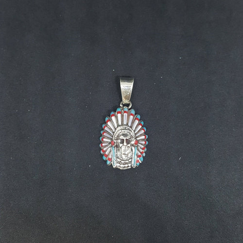 Chief Head inlay mother of pearl coral sleeping beauty turquoise pendant necklace - Vintage