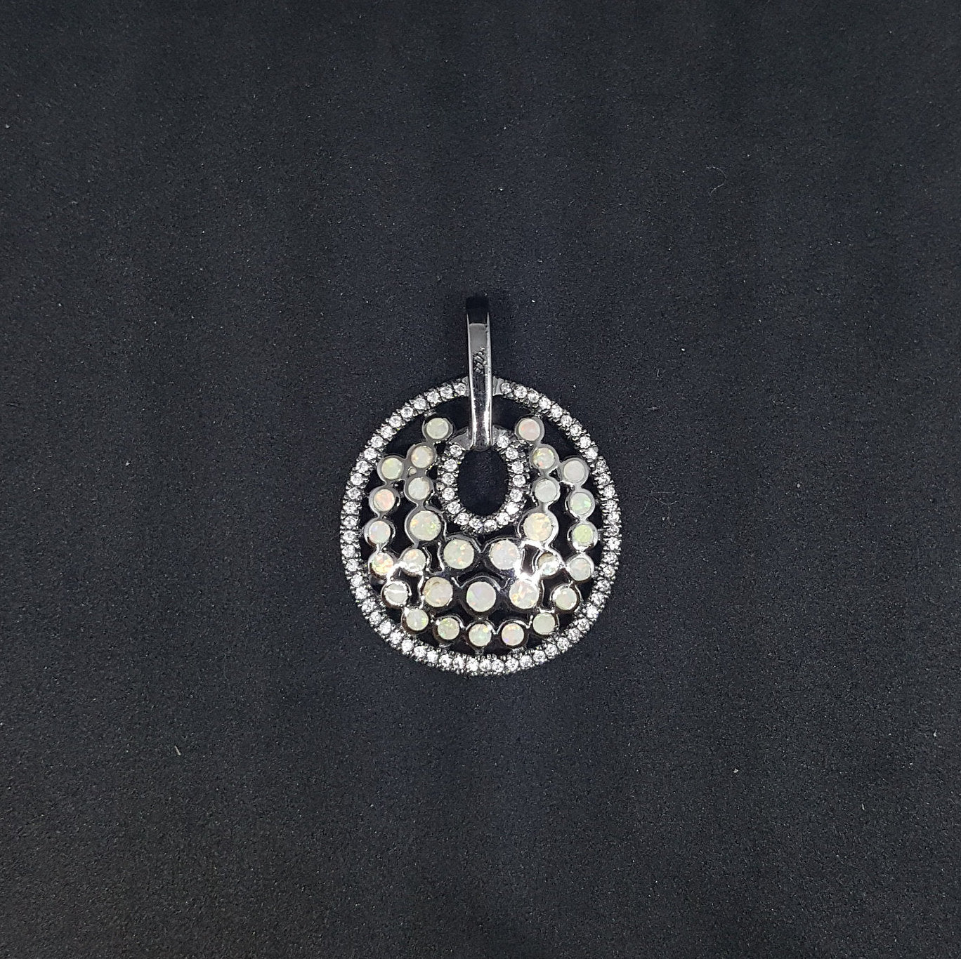 Grapes small white fire opal micro cz round shape rhodium over sterling silver pendant
