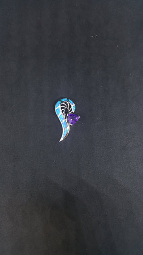 Blue Fire Opal Amethyst triangle shape sterling silver pendant necklace