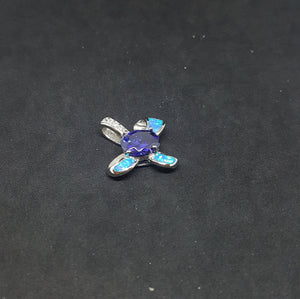 Blue Fire Opal flower shape with Triangles shape Amethyst and CZ sterling silver pendant