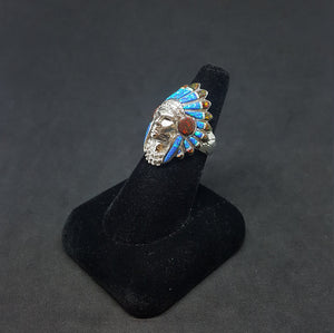 Chief head ring - inlay Blue Fire Opal and Red Fire Opal - sterling silver ring - size 8 1/2 size 10