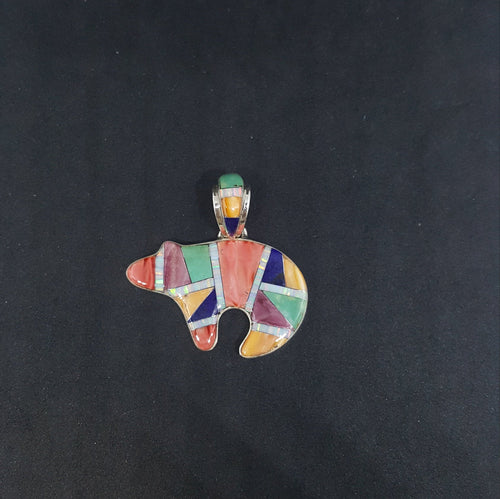 Bear Shape inlay multi - Stone  sterling silver  pendant