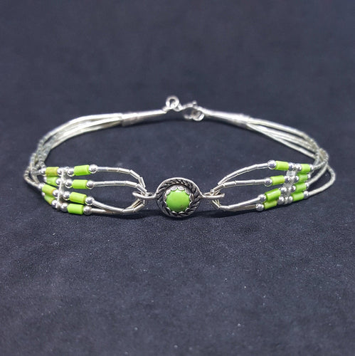 7 inches Round Gaspeite daisy twisted design sterling silver beaded bracelet