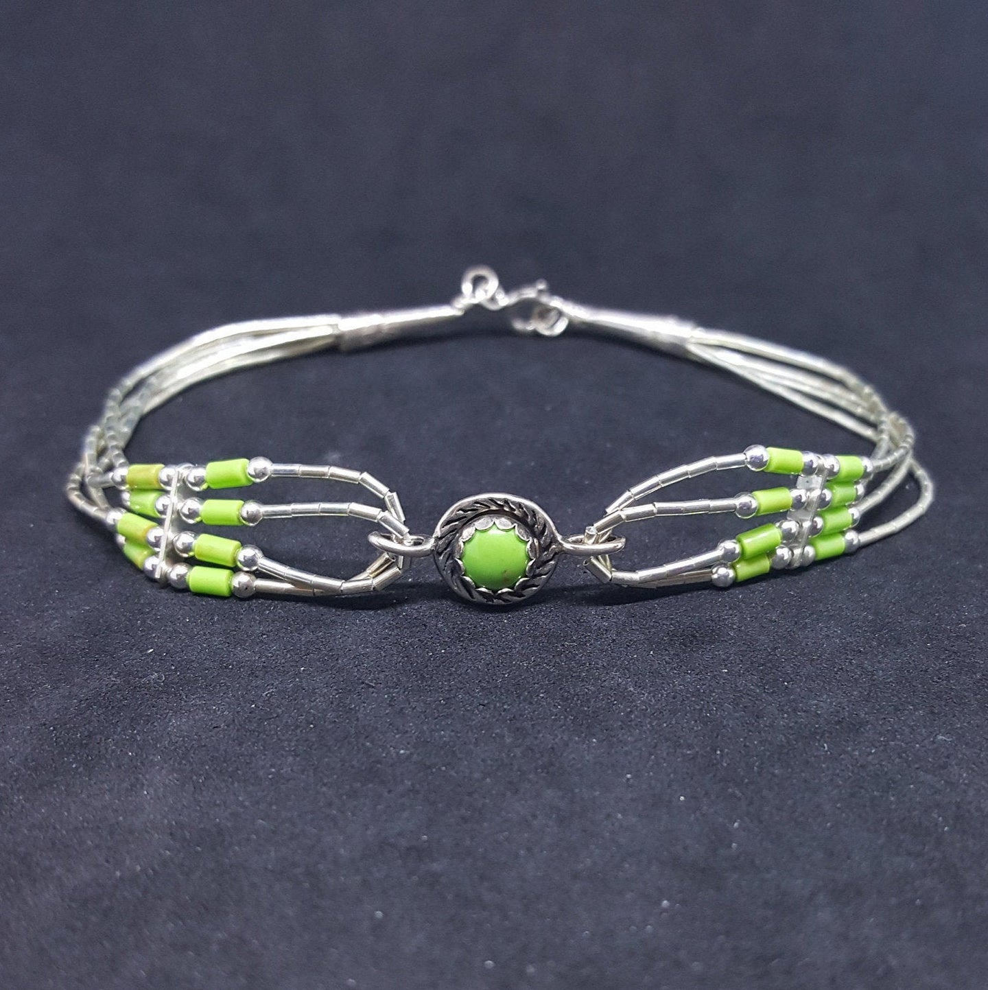 7 inches Round Gaspeite daisy twisted design sterling silver beaded bracelet