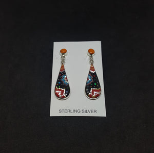 Long teardrop Inlay Multi-Stone Sterling silver stud earrings