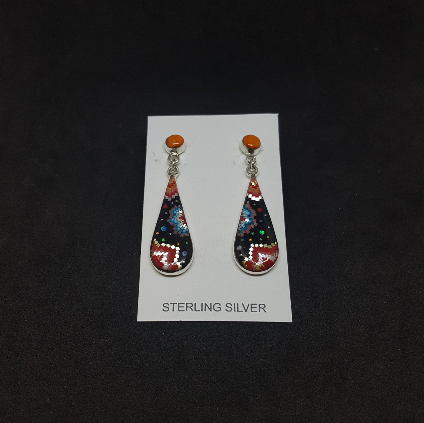 Long teardrop Inlay Multi-Stone Sterling silver stud earrings