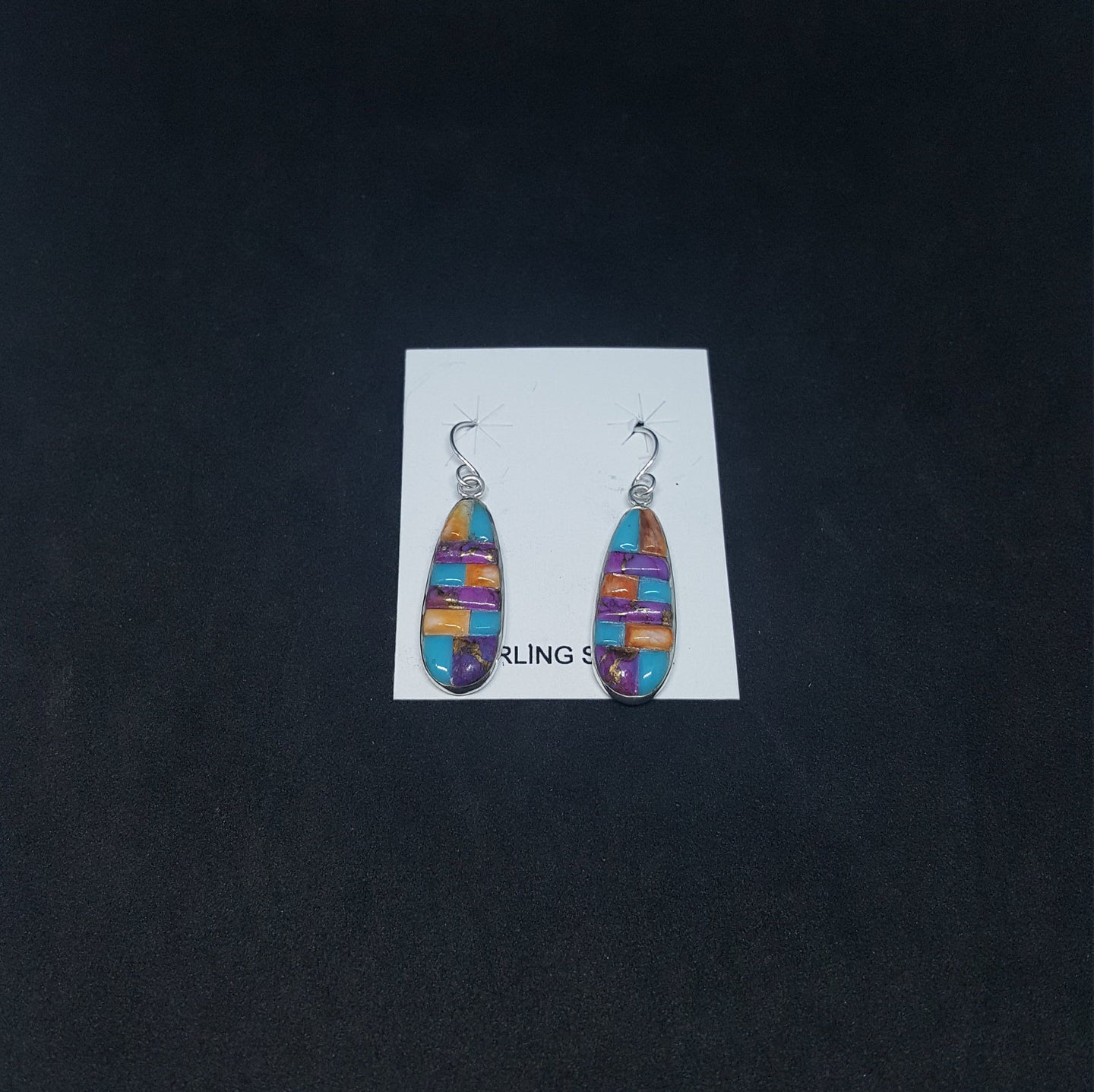 Inlay Multi-stones Oval with oval chain design sterling silver Dangle earrings