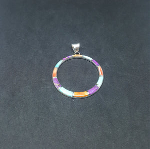 Inlay Multi-stones round with  design sterling silver pendant