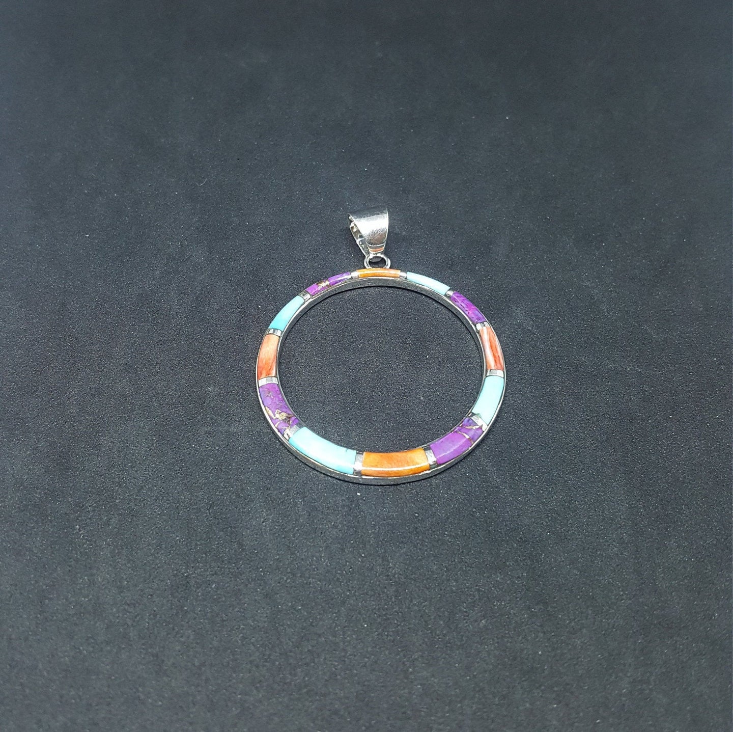 Inlay Multi-stones round with  design sterling silver pendant