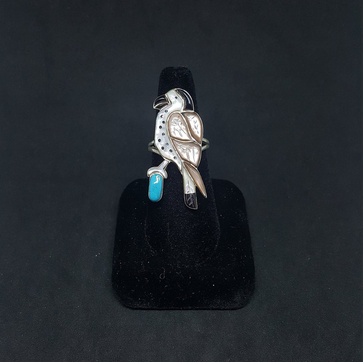 Vintage bird natural mother of pearl turquoise black onyx sterling silver signed KN ring size 9 1/2