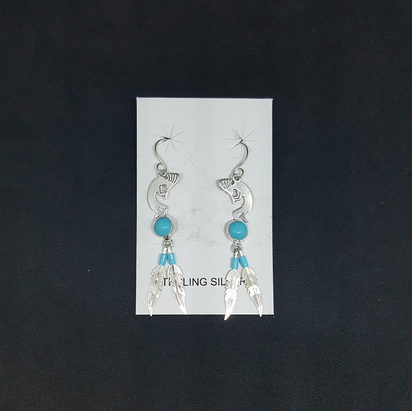 Kokopelli navajo feather kingman turquoise sterling silver dangle earrings