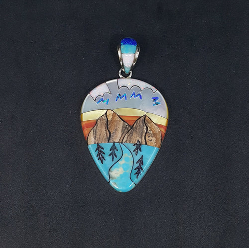 Beautiful landscape inlay Turquoise sandstone mother of pearl spiny oyster blue opal pendant necklace