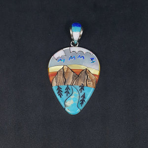 Beautiful landscape inlay Turquoise sandstone mother of pearl spiny oyster blue opal pendant necklace