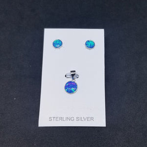 Blue opal Simple round small sterling silver jewelry set