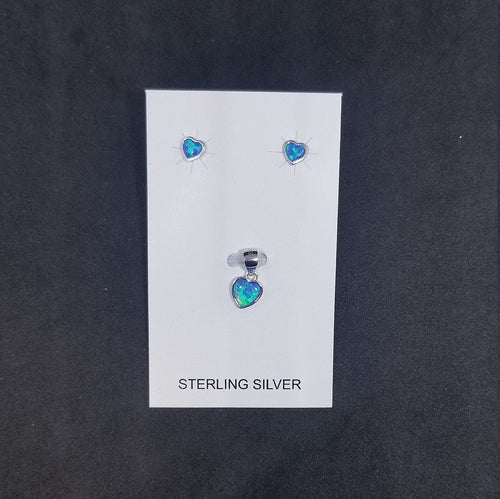 Blue opal Simple heart small sterling silver jewelry set