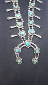 Vintage Navajo Kingman turquoise squash blossom Sterling silver necklace