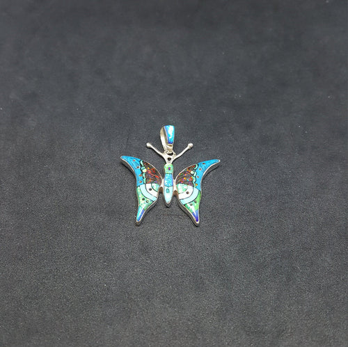 Butterfly inlay multi- Stone sterling silver pendant necklace