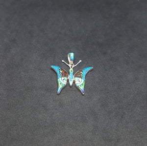 Butterfly inlay multi- Stone sterling silver pendant necklace