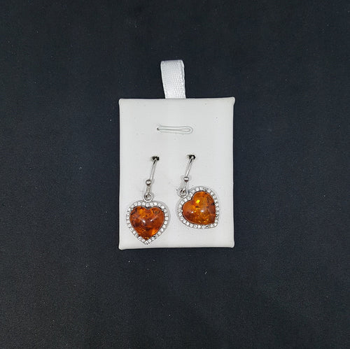 Baltic Amber heart micro cz sterling silver dangle earrings