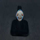 Chief head ring - inlay Blue Fire Opal and Red Fire Opal and White Fire Opal - sterling silver ring - size 9 1/2