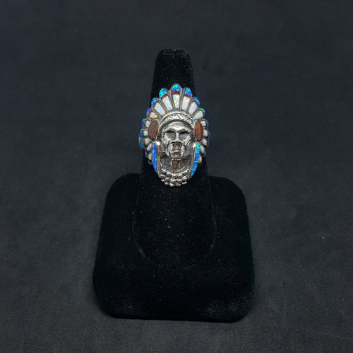 Chief head ring - inlay Blue Fire Opal and Red Fire Opal and White Fire Opal - sterling silver ring - size 9 1/2