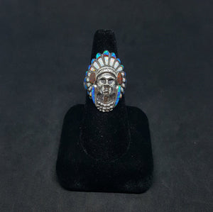 Chief head ring - inlay Blue Fire Opal and Red Fire Opal and White Fire Opal - sterling silver ring - size 9 1/2