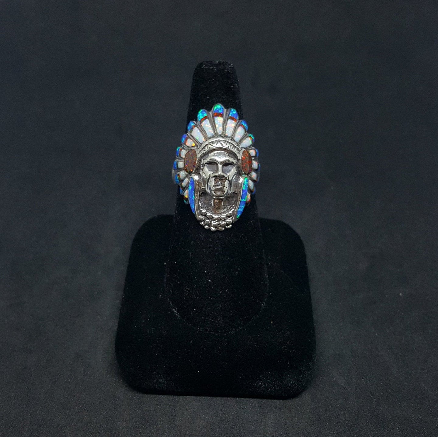 Chief head ring - inlay Blue Fire Opal and Red Fire Opal and White Fire Opal - sterling silver ring - size 9 1/2