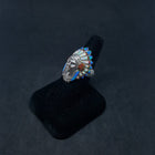 Chief head ring - inlay Blue Fire Opal and Red Fire Opal and White Fire Opal - sterling silver ring - size 9 1/2