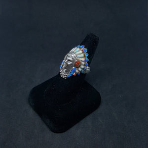 Chief head ring - inlay Blue Fire Opal and Red Fire Opal and White Fire Opal - sterling silver ring - size 9 1/2