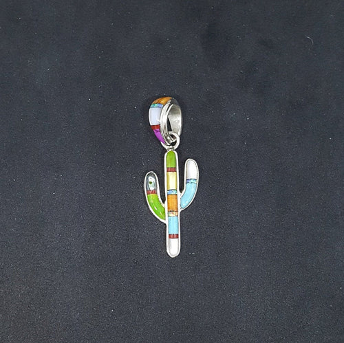 Colorful inlay Cactus multi-stones sterling silver pendant