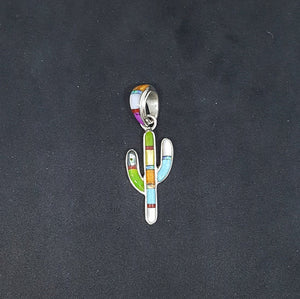 Colorful inlay Cactus multi-stones sterling silver pendant