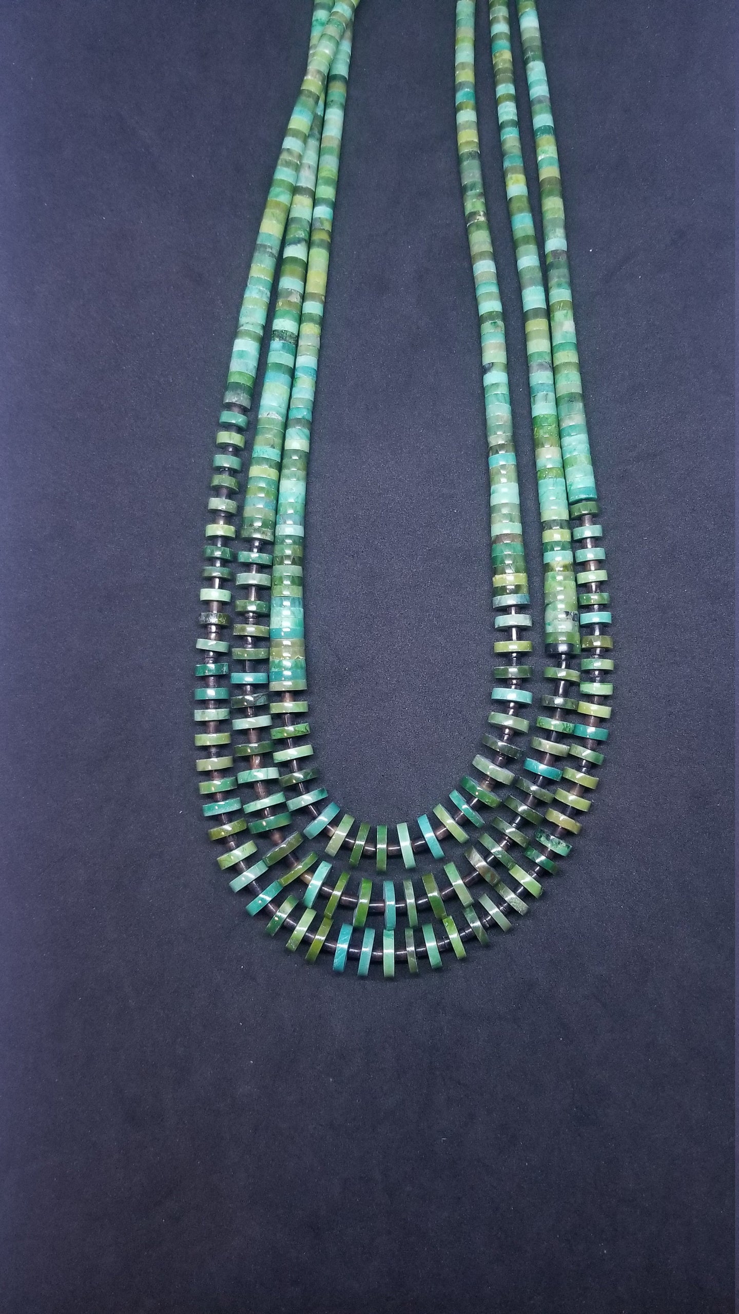 3 strands sterling silver Natural heishi Kingman turquoise beaded necklace