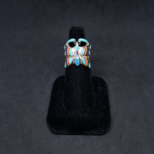 Blue Butterfly inlay detailed native design Turquoise Onyx Coral Oyster silver ring size 8