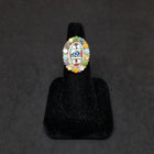 Cluster peaceful color random shape inlay Turquoise Pearl Gaspeite Coral oval sterling silver ring size 8 3/4
