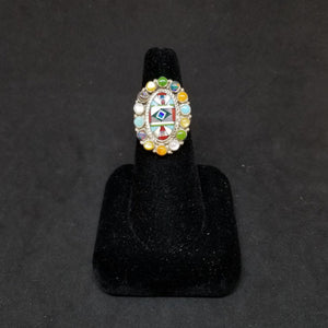 Cluster peaceful color random shape inlay Turquoise Pearl Gaspeite Coral oval sterling silver ring size 8 3/4