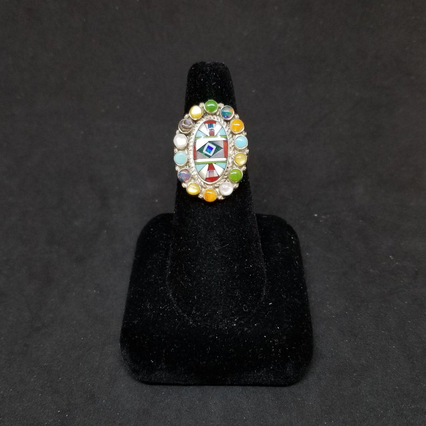 Cluster peaceful color random shape inlay Turquoise Pearl Gaspeite Coral oval sterling silver ring size 8 3/4