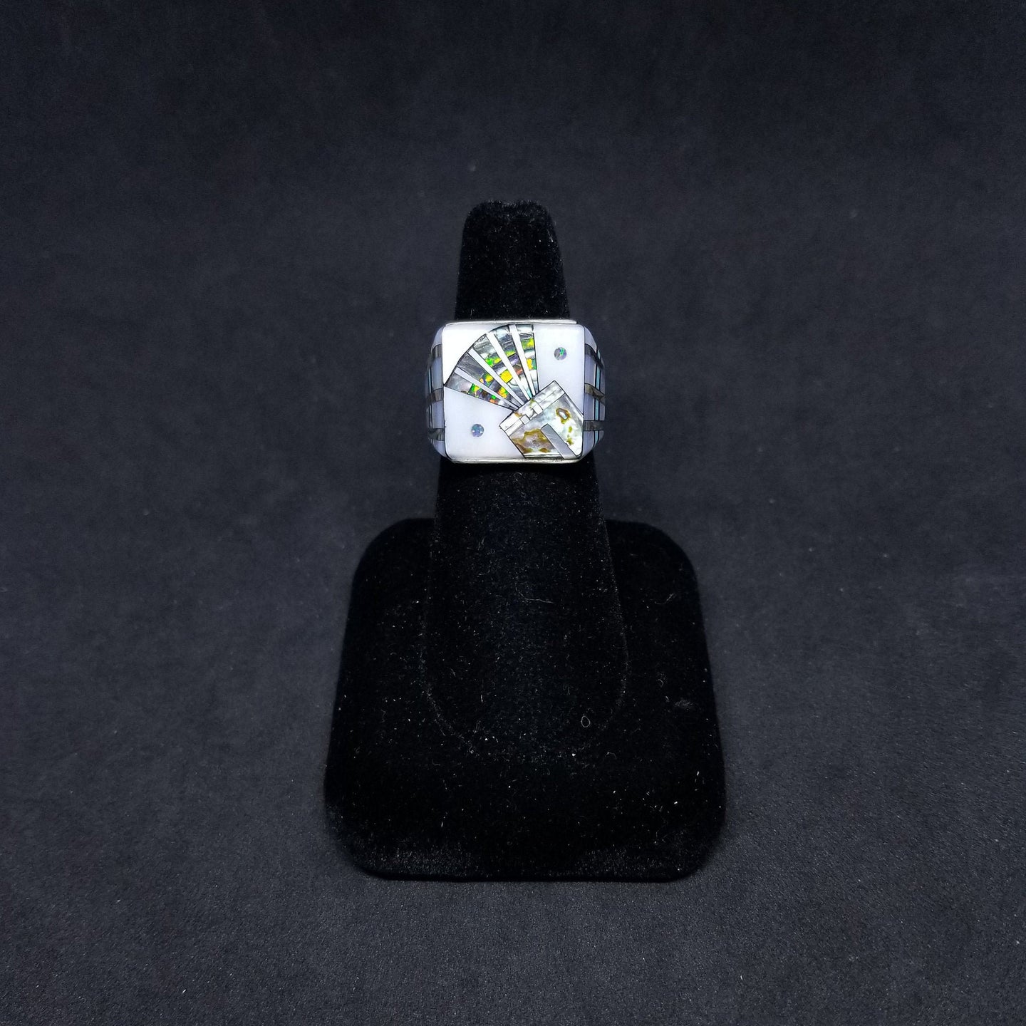 Chief Head Native Feathers inlay White Mother of Pearl Abalone Shell Mountain Turquoise Onyx Silver ring size 9