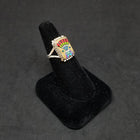 Sunface Feather Hat sand color inlay Turquoise Gaspeite Shell Blue Opal Coral Mother of Pearl silver small rectangle silver ring size 8