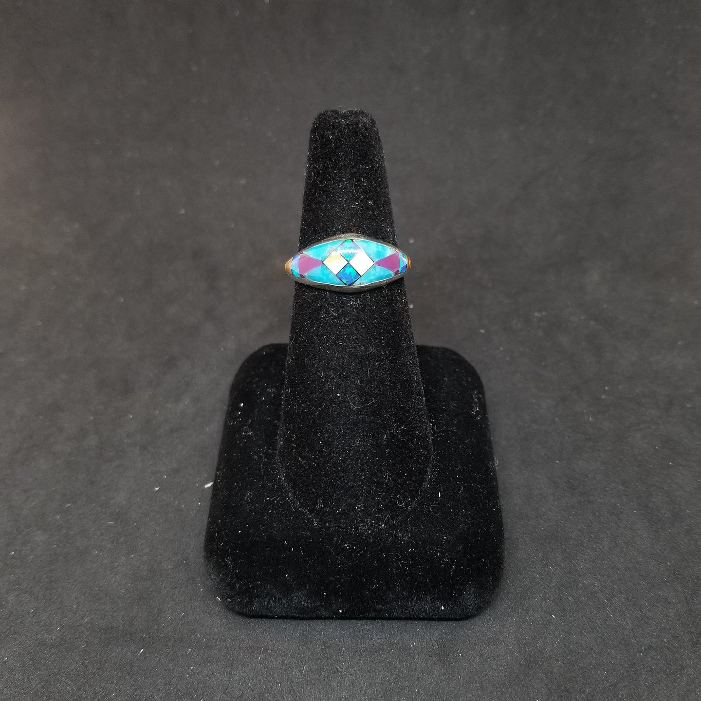 Perfect middle Squares inlay multistone Turquoise Mother of Pearl Opal Sandstone Sterling silver ring size 9 signed JM