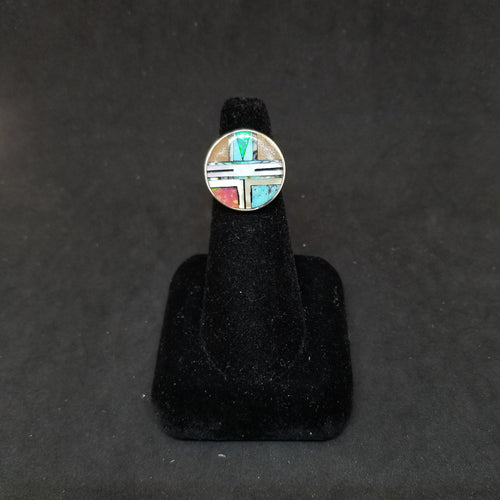 Colorful Zuni Sunface inlay multistone Opal Nevada Turquoise Pearl Sandstone Abalone shell Round shape sterling silver ring size 6
