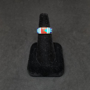 Shiny triangles inlay multistone Opal Pearl Lapis Coral Sterling silver rectangle shape ring size 8 1/4 - Vintage
