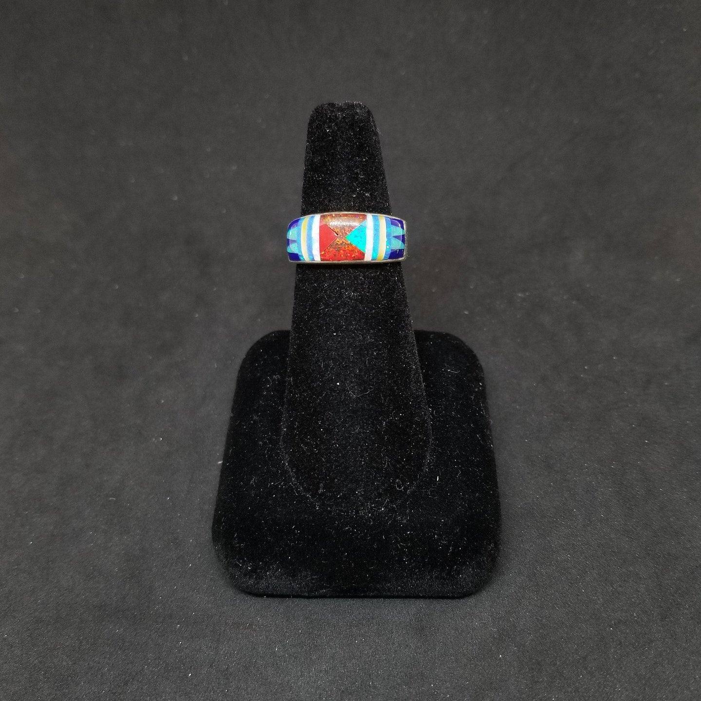 Shiny triangles inlay multistone Opal Pearl Lapis Coral Sterling silver rectangle shape ring size 8 1/4 - Vintage