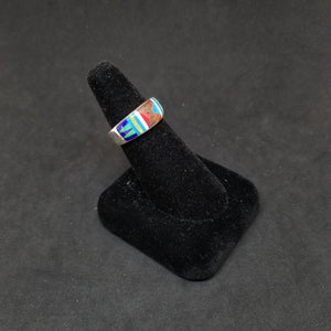 Shiny triangles inlay multistone Opal Pearl Lapis Coral Sterling silver rectangle shape ring size 8 1/4 - Vintage