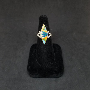 Sunset Feathers inlay Opal Spiny Oyster Turquoise Gaspeite Coral Pearl Sterling silver kite shape ring size 8 3/4