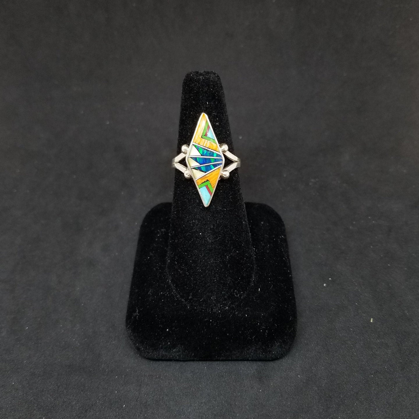 Sunset Feathers inlay Opal Spiny Oyster Turquoise Gaspeite Coral Pearl Sterling silver kite shape ring size 8 3/4