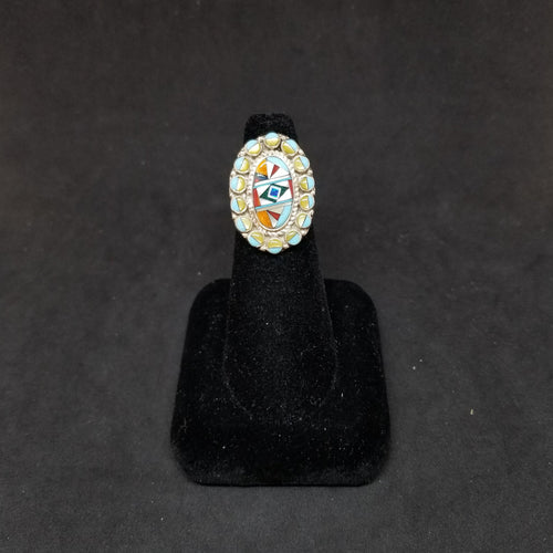 Colorful Simple Cluster inlay multistone Turquoise Pearl Oyster Sterling silver ring size 6 1/4